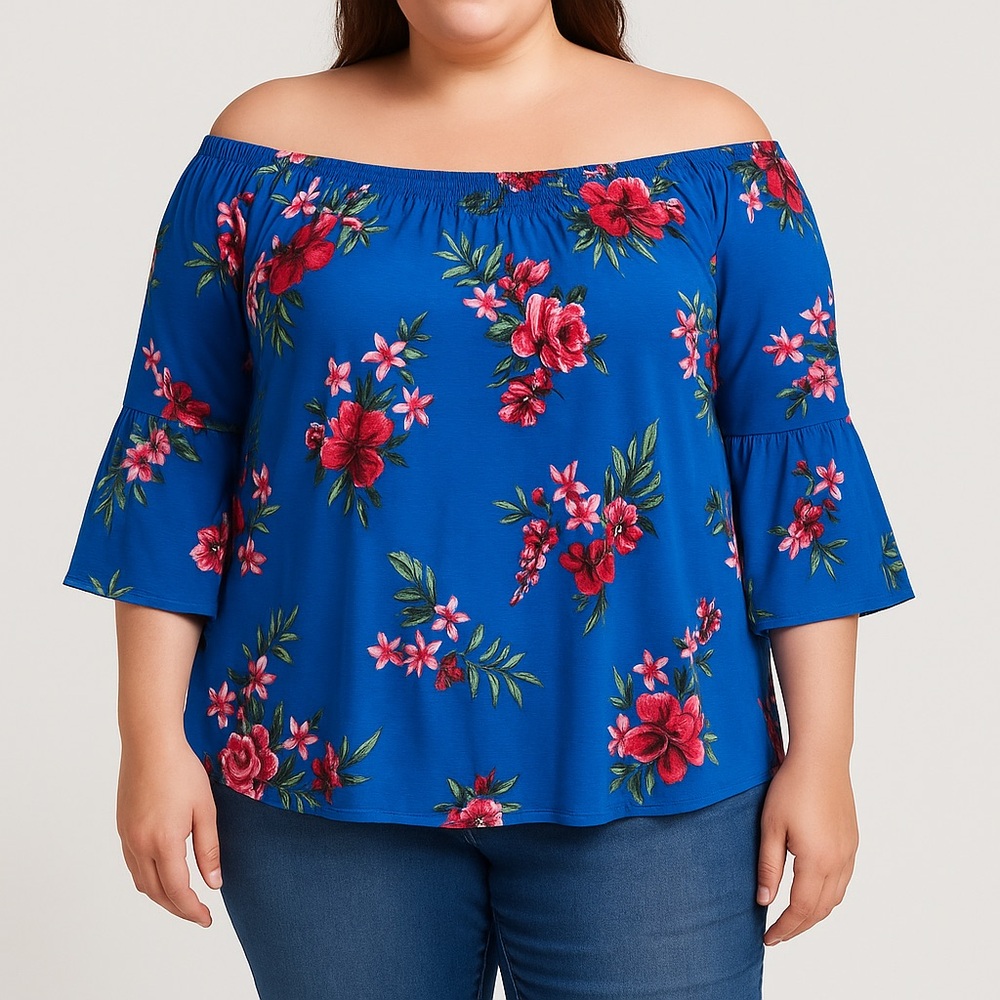 🆕 NEW YORK LAUNDRY Blue Floral Off-The-Shoulder Ruffled‎ Sleeve Blouse Size 3X